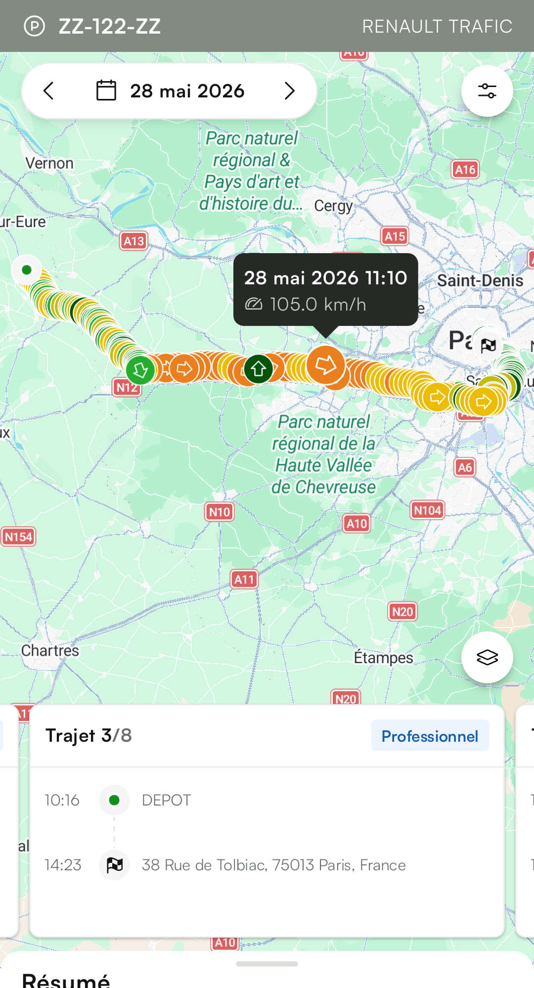 Application suivi de flotte carte itinéraire