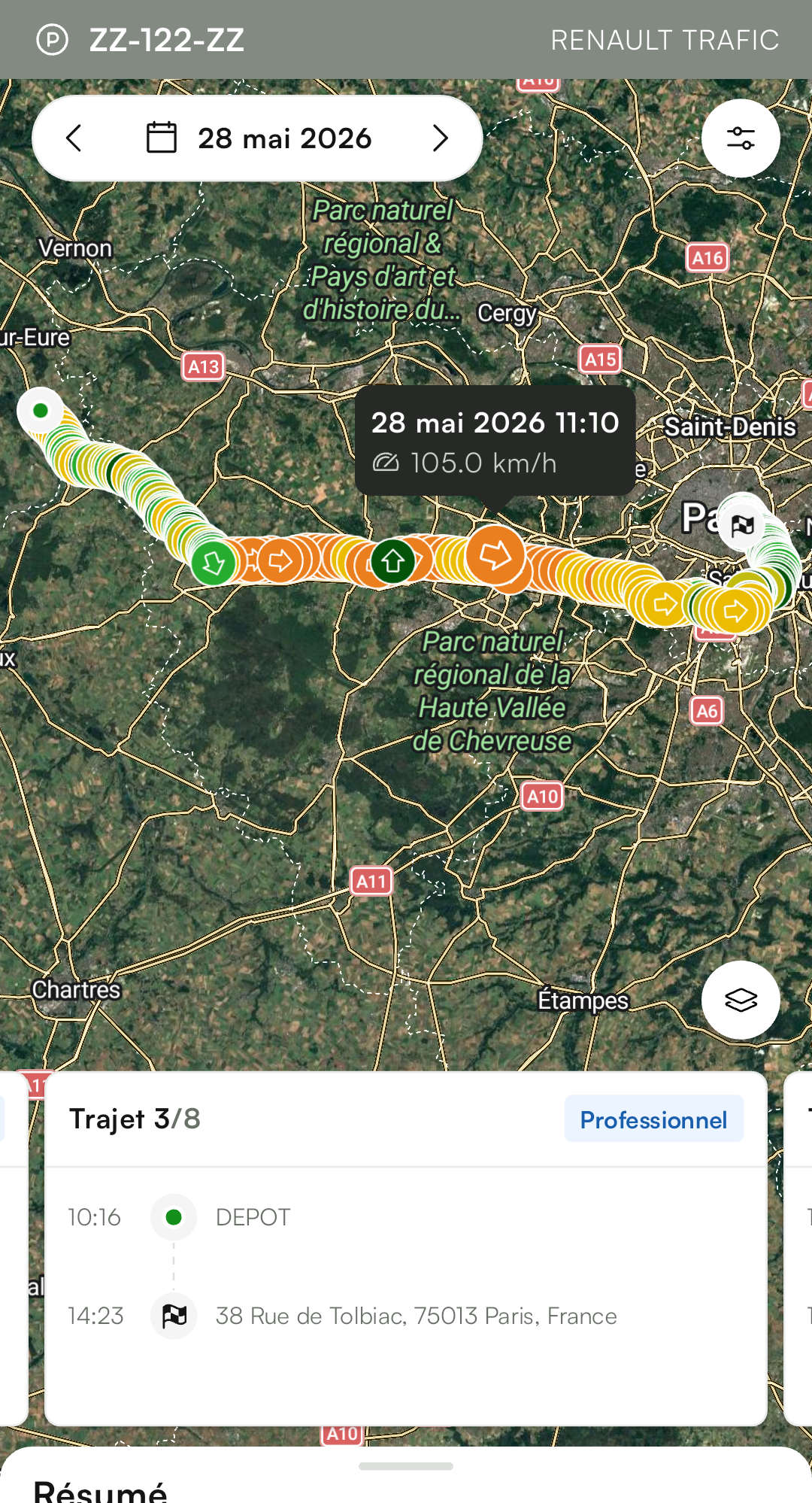 Application suivi de flotte carte itinéraire satellite