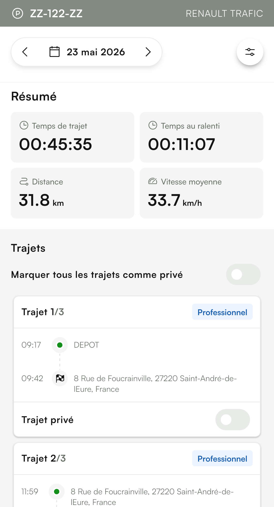 Suivi de flotte détail des trajets